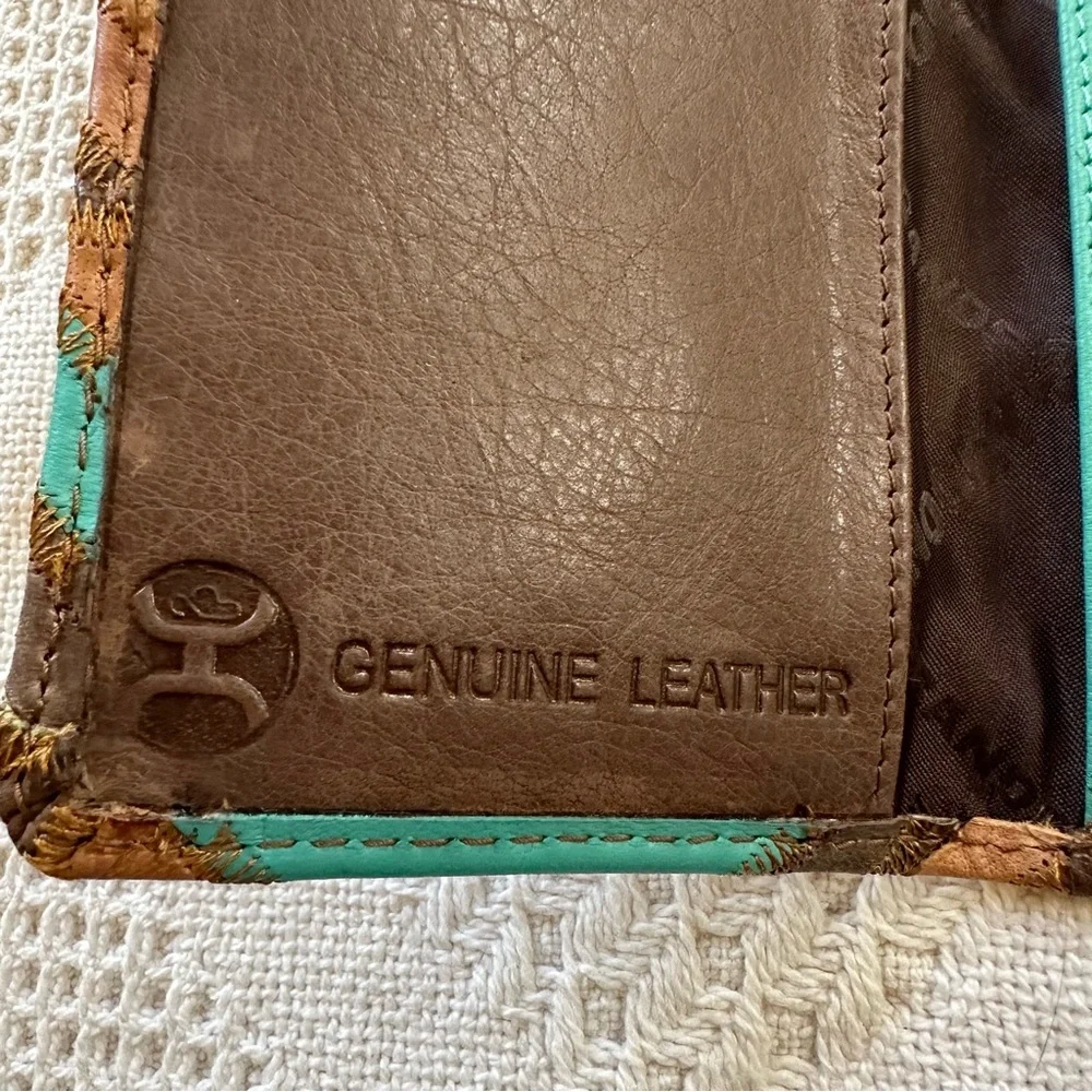Hooey Montezuma Leather Patchwork Bifold Rodeo Wallet Western-Turquoise/Brown